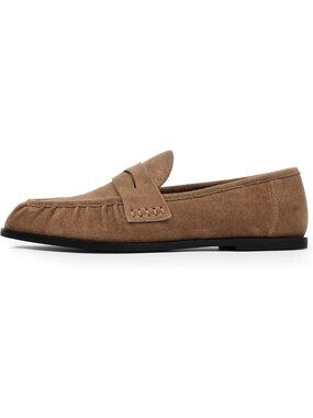 Women's Tan Suede Leather Penny Loafers Pleated Slip On Casual Flat Shoes